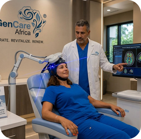 Doctor applying blue light headband to female patient